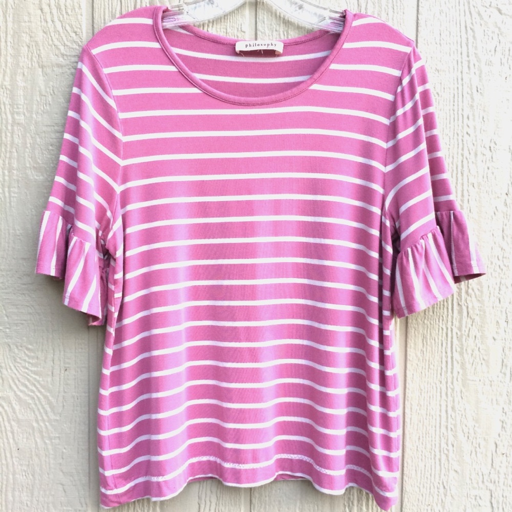 Ruffles striped blouse purple white shirt sleeve - Picture 3 of 5